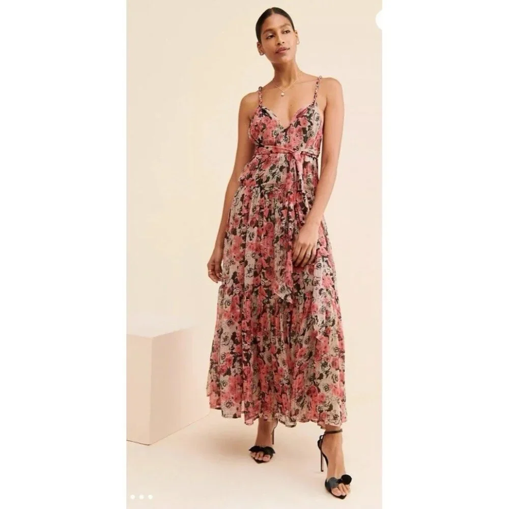 ASTR the Label Eartha Floral Tiered Maxi Dress M Multicolor Taupe Pink Beautiful - Picture 2 of 16